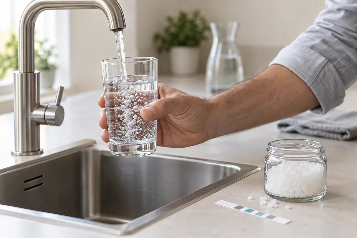 Main tenant un verre d'eau claire sous un robinet de cuisine