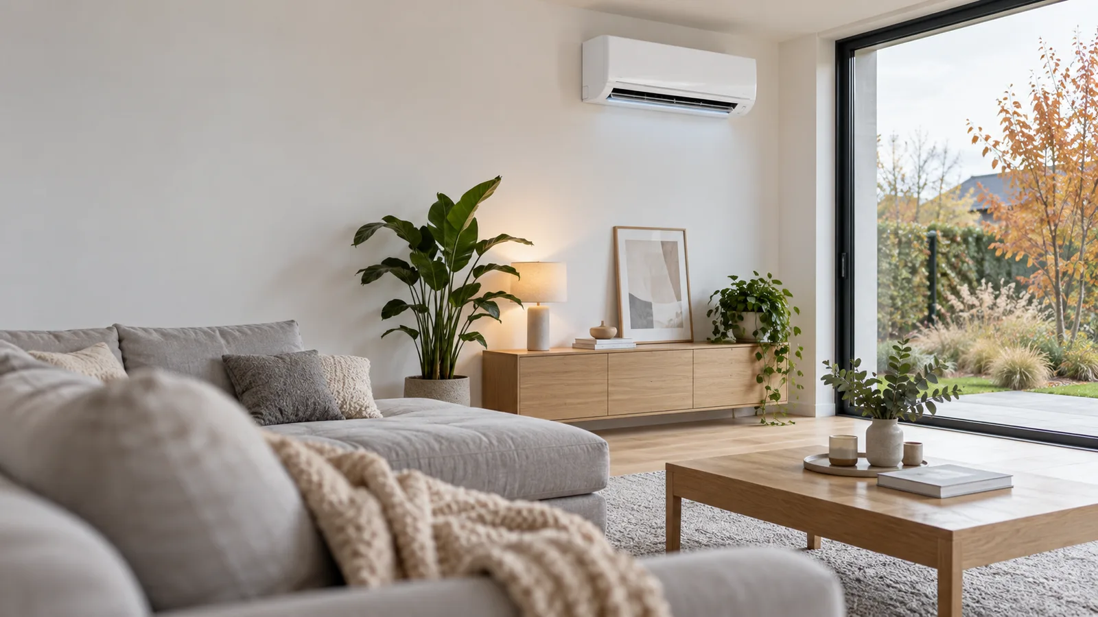 Unité intérieure de climatisation réversible fixée au mur d'un salon lumineux