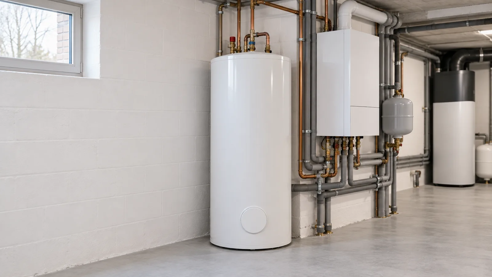 Cave technique avec boiler, chaudière murale et chauffe-eau thermodynamique