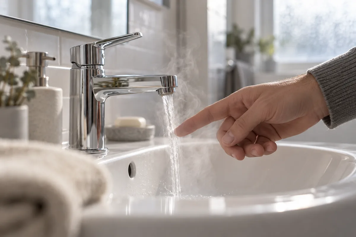 Main vérifiant la température de l'eau sous un mitigeur ouvert