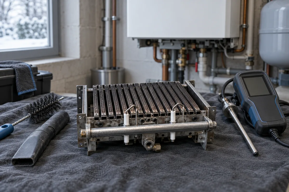 Brûleur de chaudière démonté et analyseur de combustion sur drap de protection