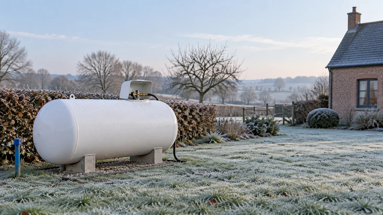 Citerne de propane blanche dans un jardin givré près d'une maison en briques