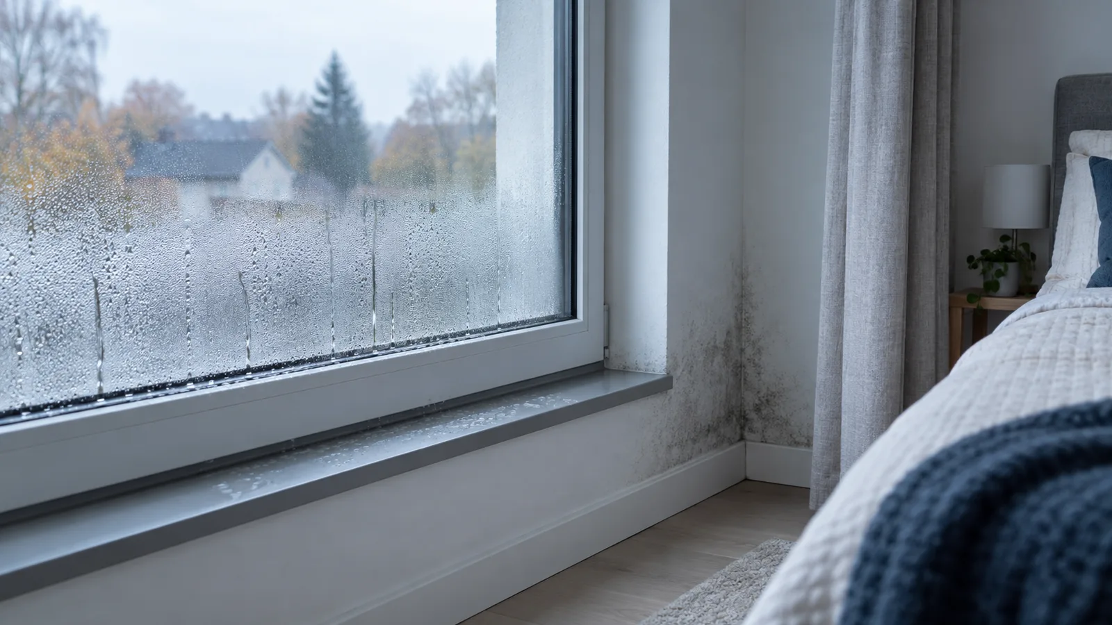 Buée ruisselant sur le double vitrage d'une chambre isolée