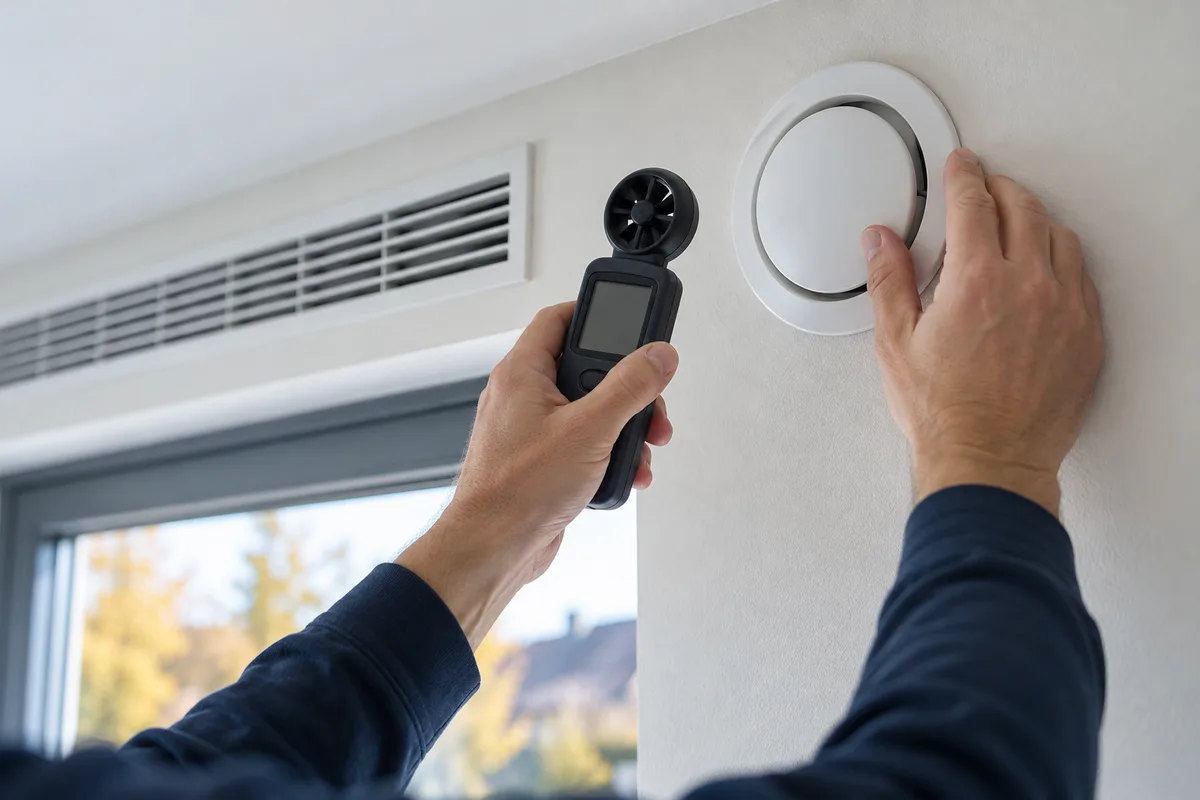 Installateur mesurant le débit d'une bouche d'extraction murale