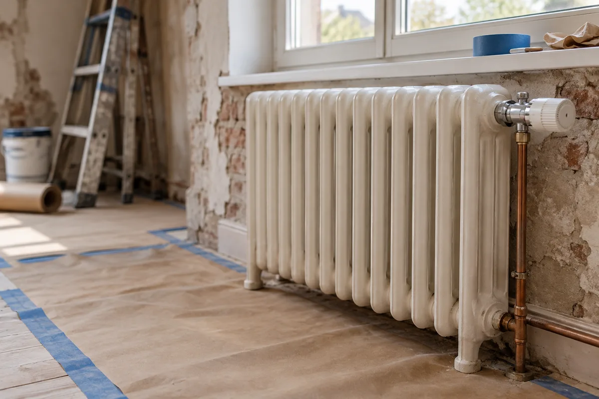 Radiateur en fonte ancien équipé d'un robinet thermostatique neuf sous une fenêtre