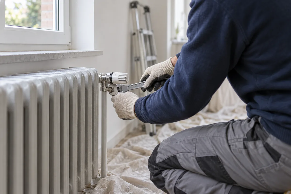 Technicien agenouillé réglant la vanne d'un radiateur en fonte
