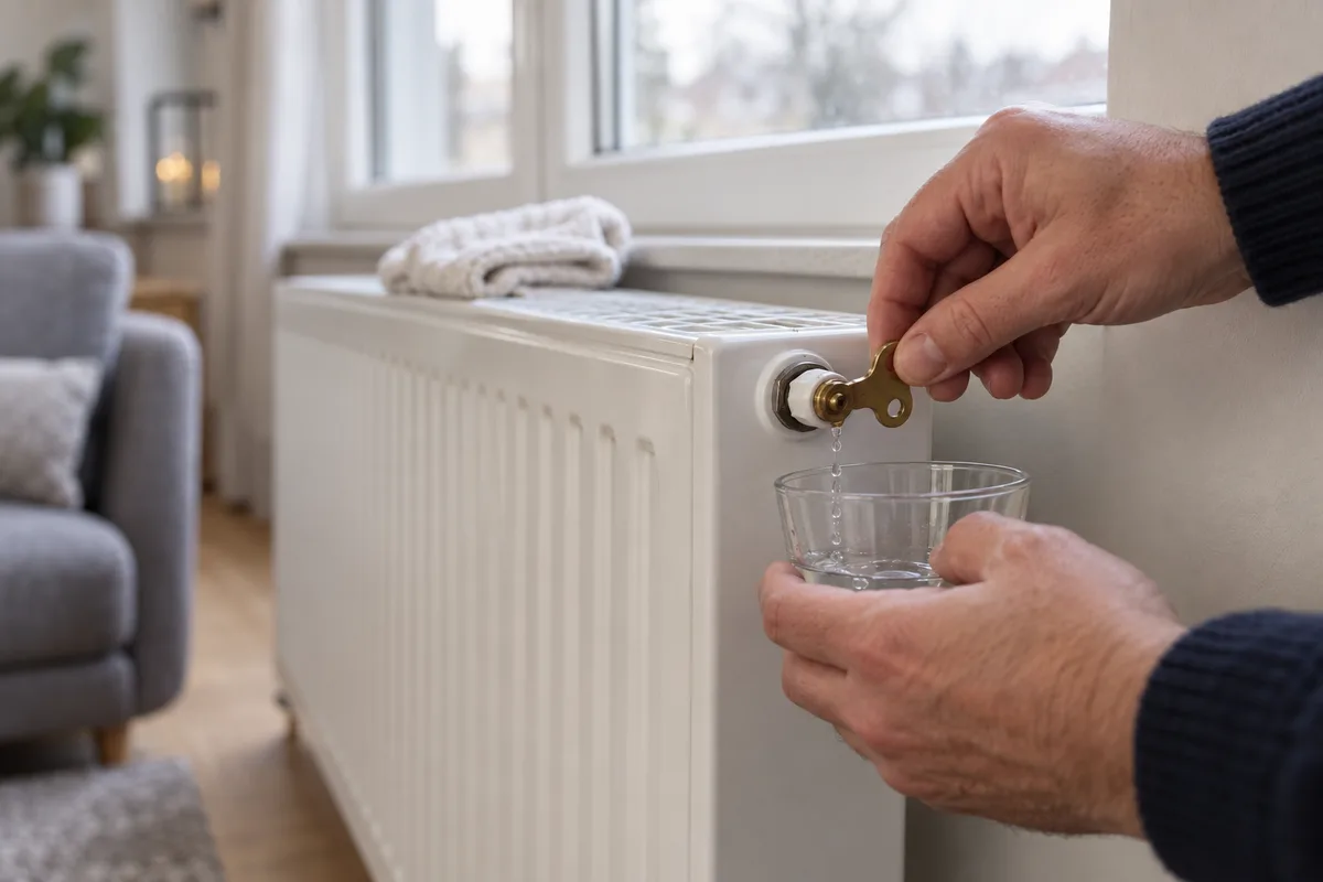 Mains purgeant un radiateur avec une clé en laiton