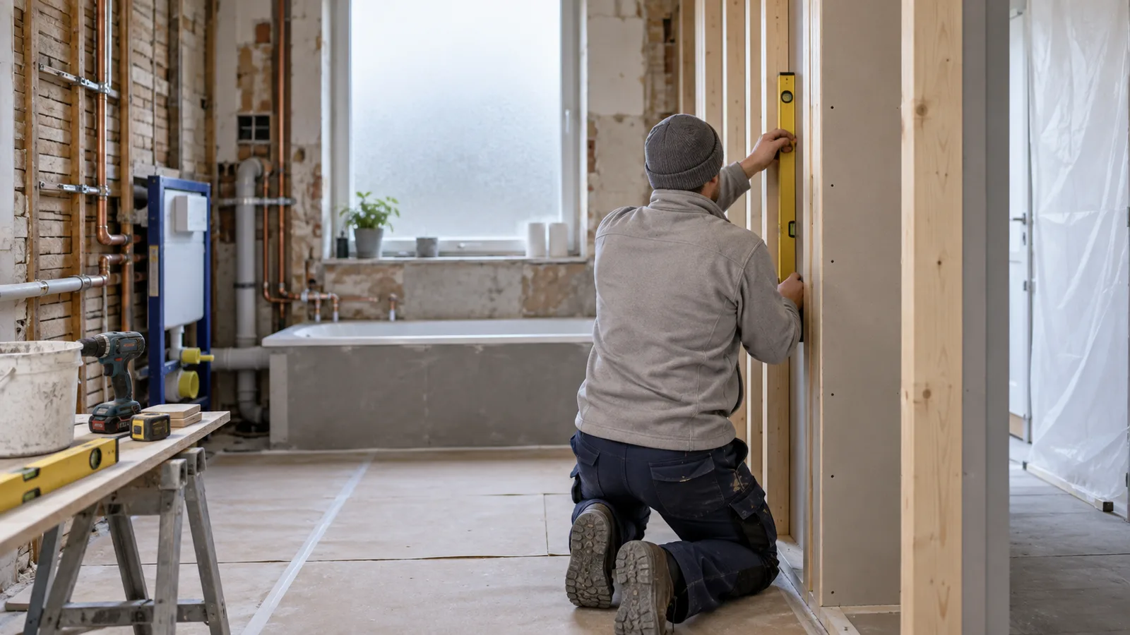 Ouvrier de dos vérifiant une cloison au niveau dans une salle de bain en rénovation