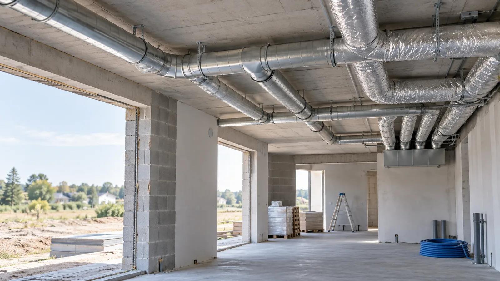 Gaines de ventilation double flux fixées au plafond d'une maison en construction