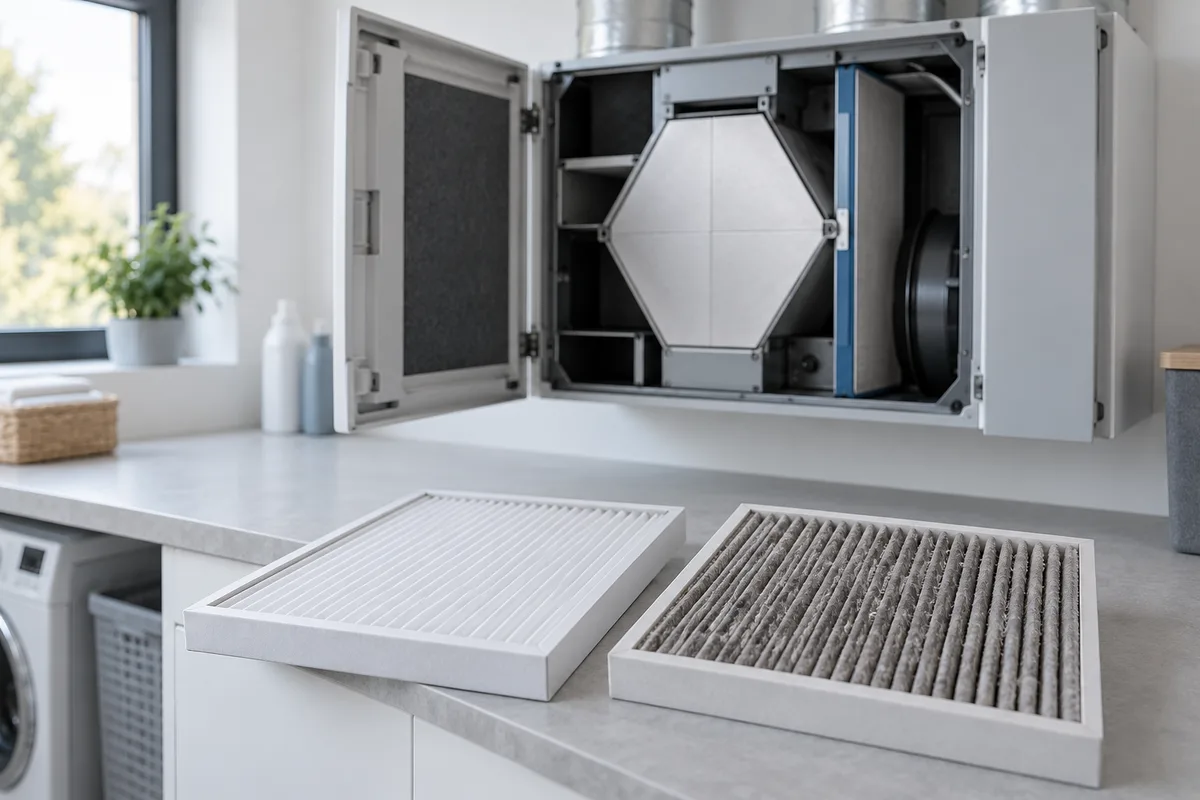 Deux filtres de ventilation, propre et usagé, devant un groupe double flux ouvert